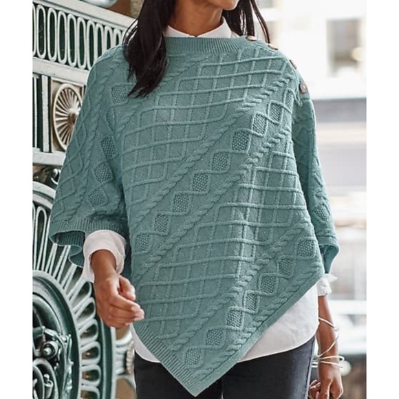 NWT J. Jill Teal Cable Knit Poncho with Button Accents Size Small to Large - Picture 2 of 16